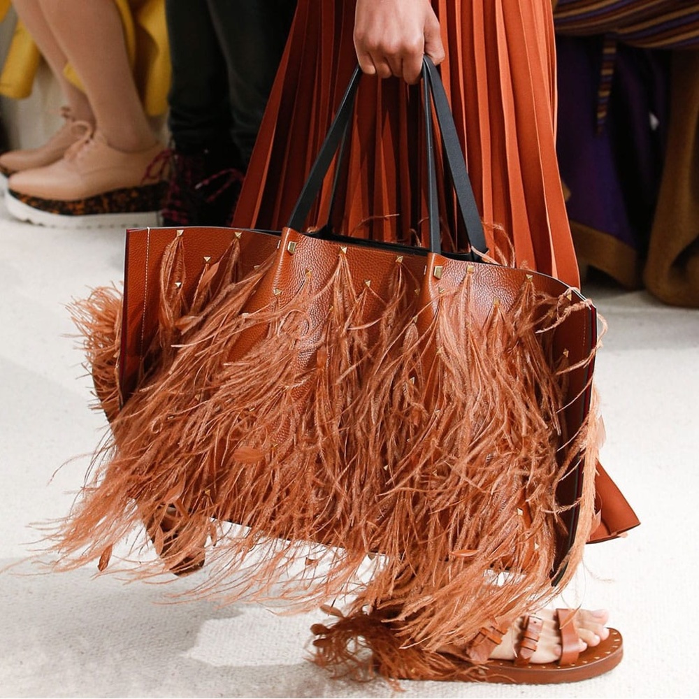 Valentino Garavani Brown Feather-Trim Leather Tote